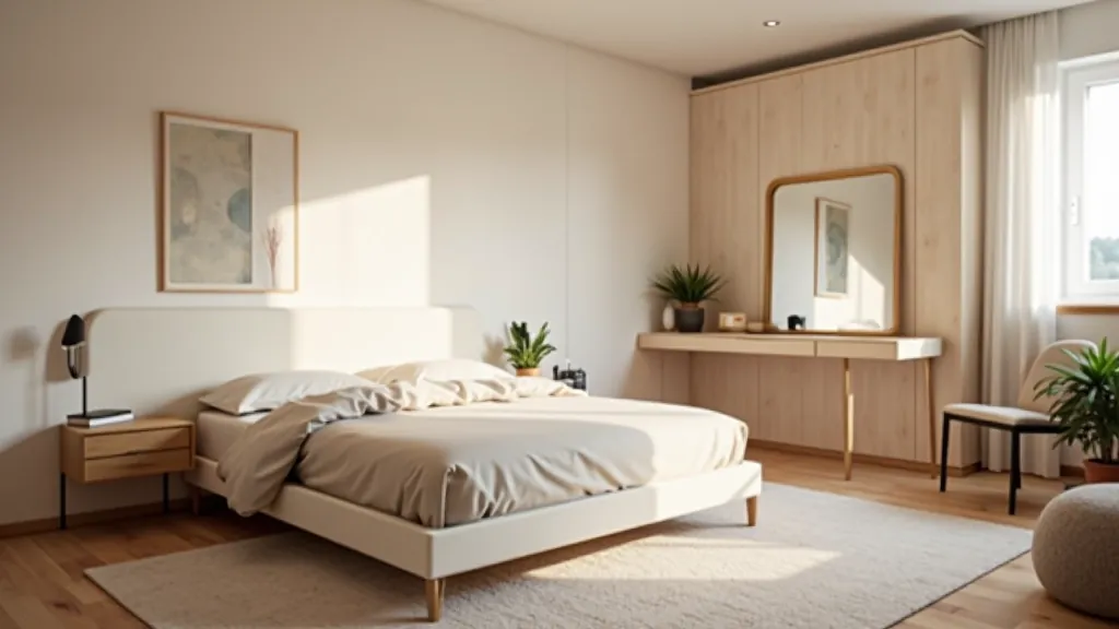 Small bedroom with bed positioned to maximize floor space
