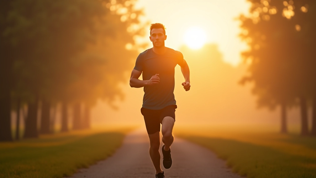Runner on a park circuit at sunrise with mist visible through trees
