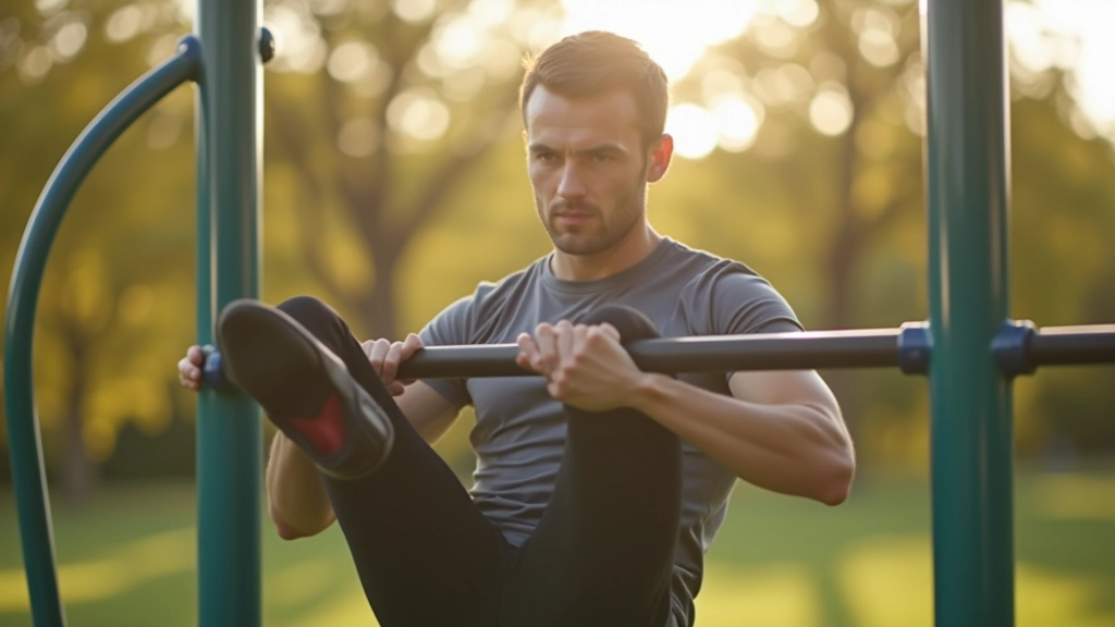 Man performing hamstring stretch on outdoor bar at park fitness station