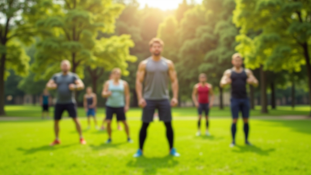 Group of people doing bodyweight exercises on grass in a park setting