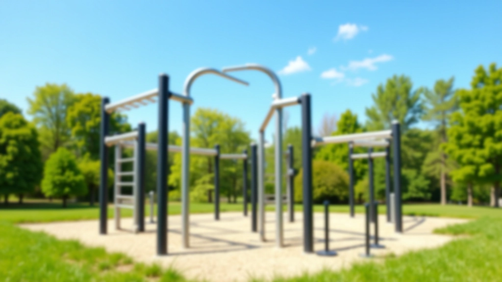 Outdoor gym equipment with pull-up bars and exercise stations in a public park