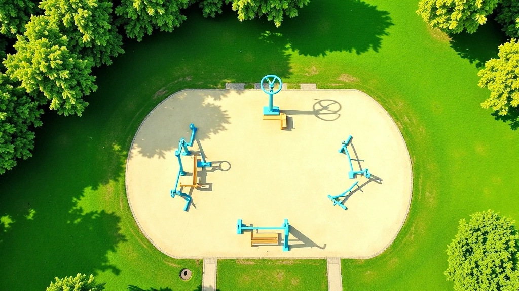 Aerial view of a large public park with multiple outdoor fitness stations and equipment scattered throughout green space