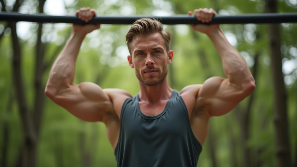 Athlete performing a pull-up on a bar in an outdoor park setting