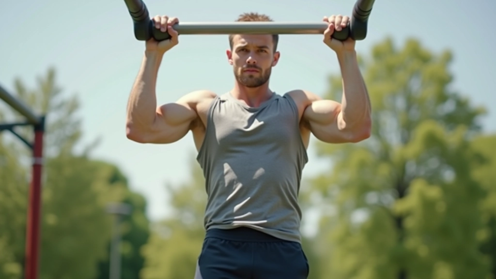 Close-up of someone performing pull-ups on an outdoor gym bar with park background