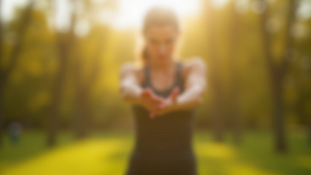 Woman stretching in a public park on a sunny morning with green trees in background